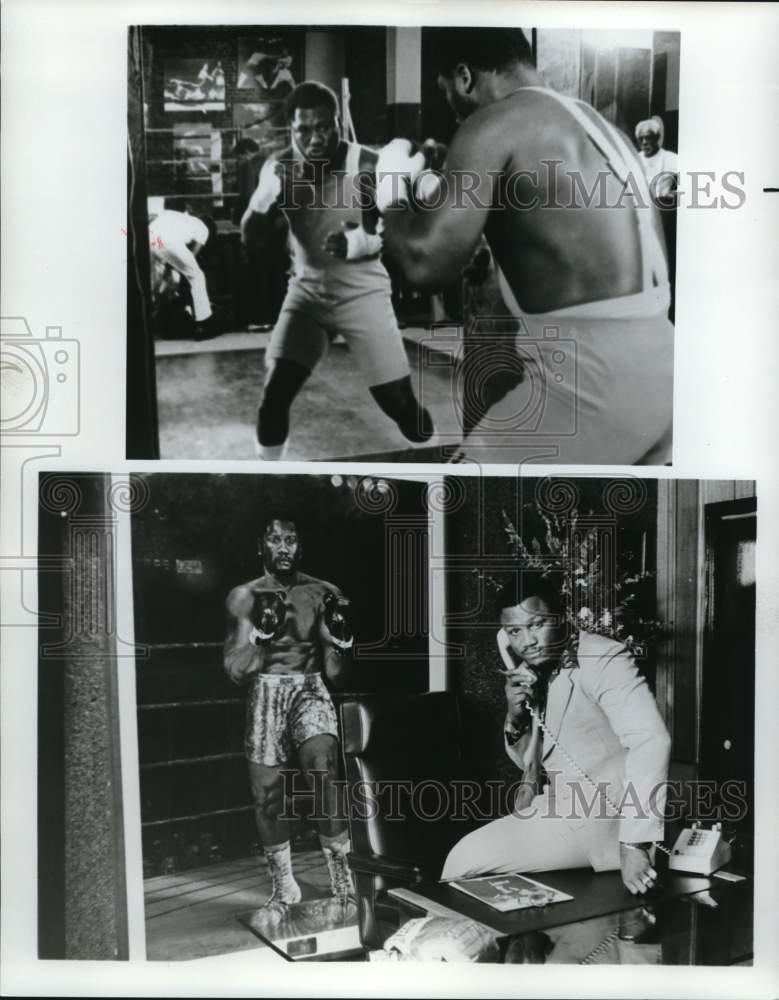 1975 Press Photo Boxer Joe Frazier poses in the mirror &amp; with life-size standee- Historic Images