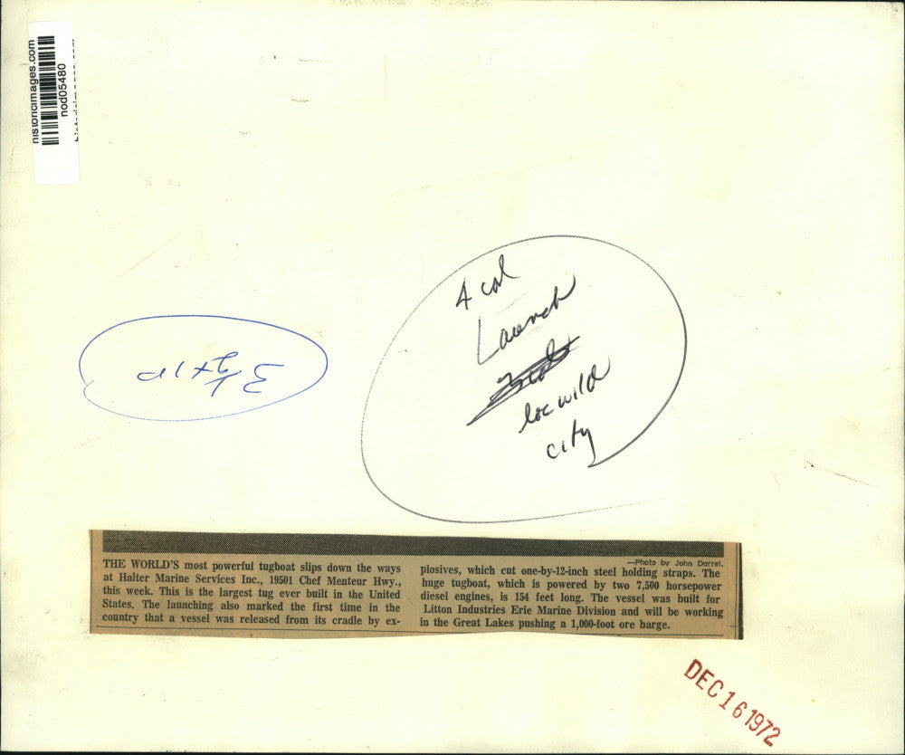 1972 Press Photo World's Most Powerful Tugboat at Halter Marine Services, Inc.