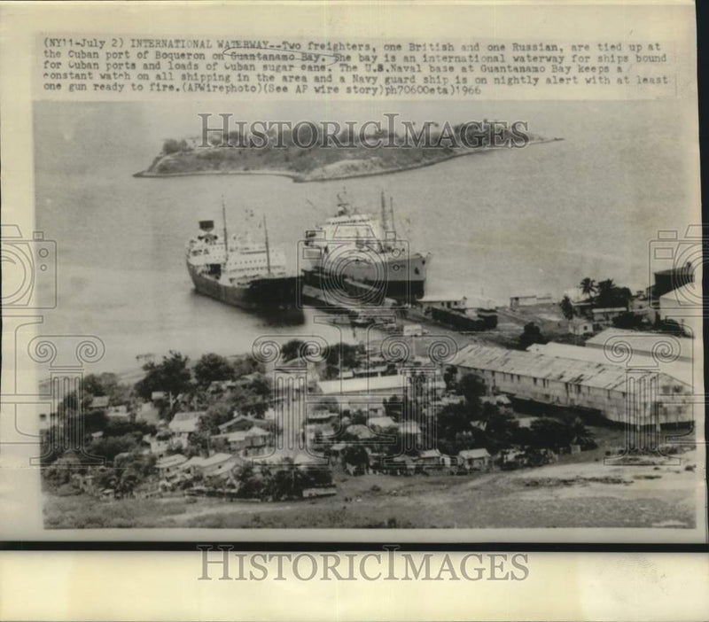 Load image into Gallery viewer, 1966 Press Photo Freighters tied on the Cuban port of Boqueron on Guantanamo Bay
