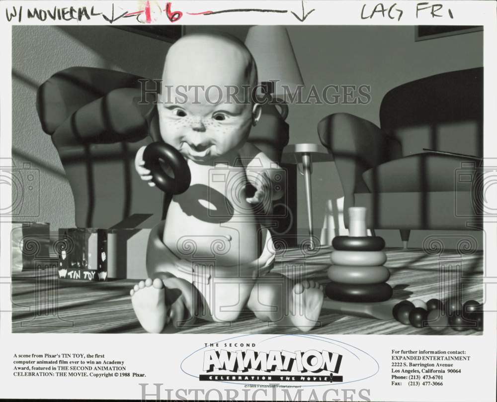 1988 Press Photo Scene from Pixar&#39;s &quot;Tin Toy,&quot; 1st CG movie to win Academy Award- Historic Images