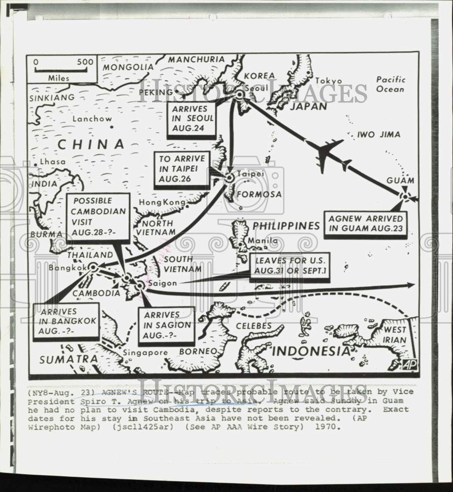 1970 Press Photo Map of Vice President Spiro Agnew&#39;s planned route for Asia trip- Historic Images