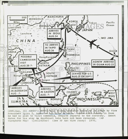 1970 Press Photo Map of Vice President Spiro Agnew's planned route for Asia trip- Historic Images
