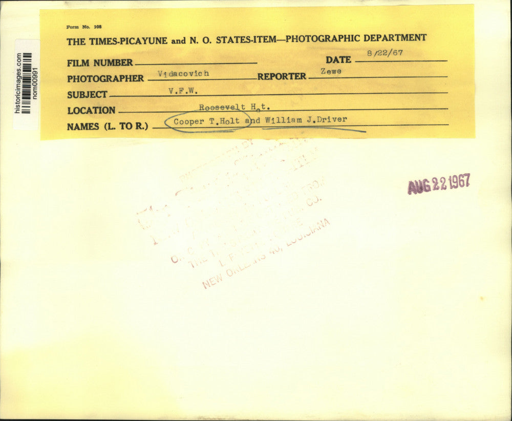 1967 Press Photo Cooper T. Holt and William J. Driver at Roosevelt Hotel Event