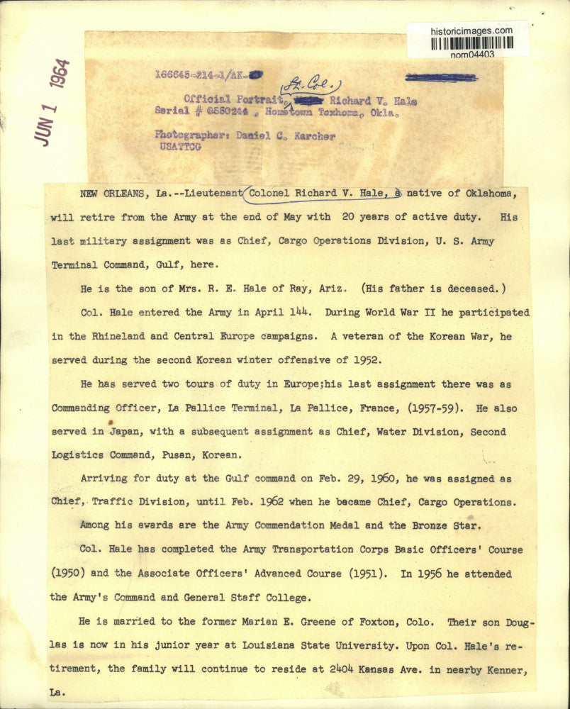 1964 Press Photo Oklahoma native Lt. Colonel Richard V. Hale retires from Army