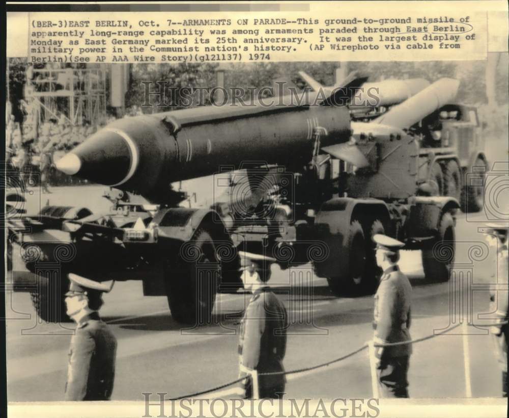 1974 Press Photo Ground-to-Ground Missile in East Berlin Military Parade