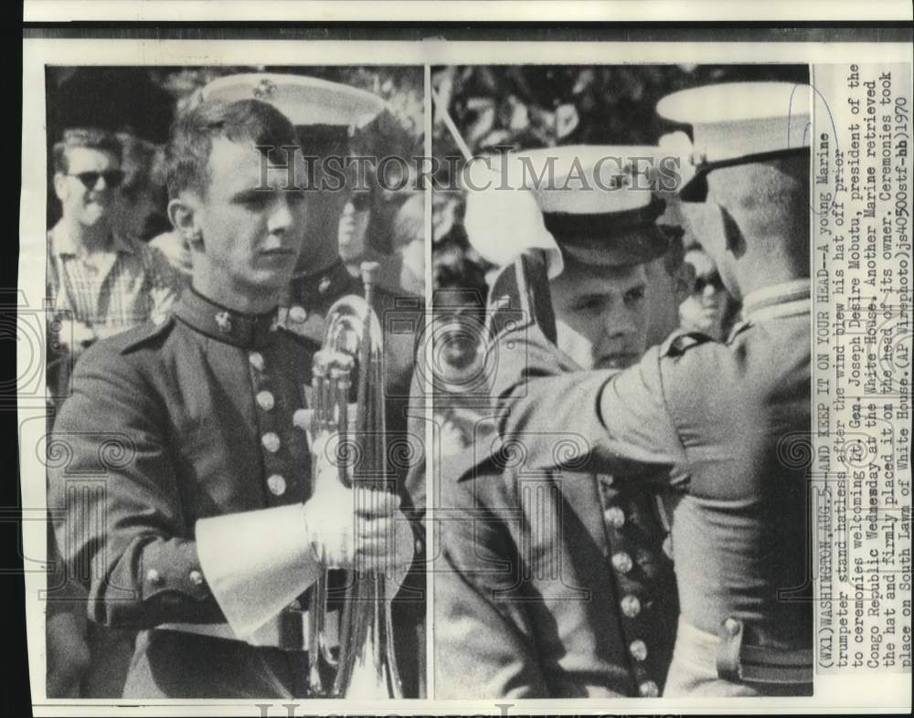 1970 Press Photo Marine&#39;s Hat Blown off at Congo President&#39;s White House Welcome- Historic Images