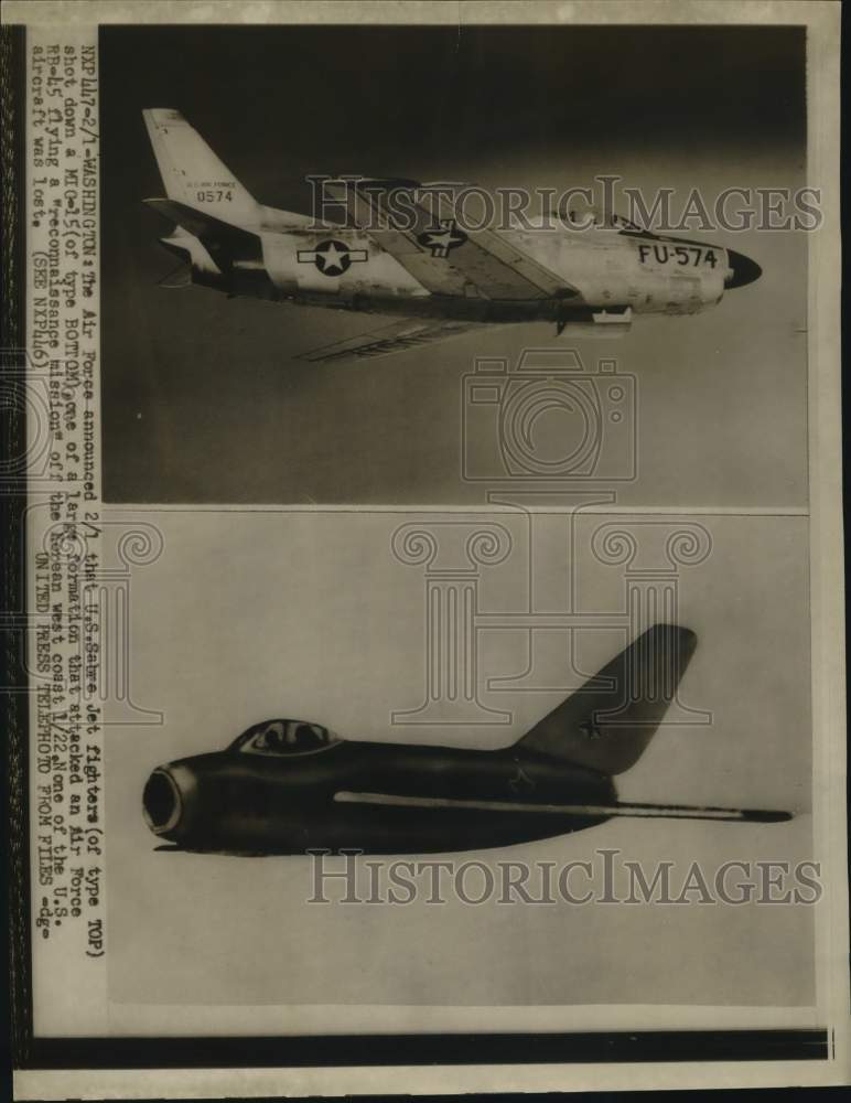 1954 Press Photo U.S. Air Force Sabre Jet Fighter and MIG-15 - nom17473