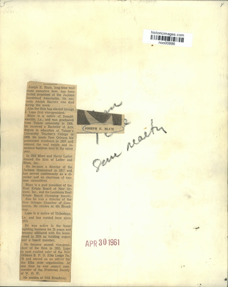 1961 Press Photo Joseph E. Blum, president of Jackson Homestead Association