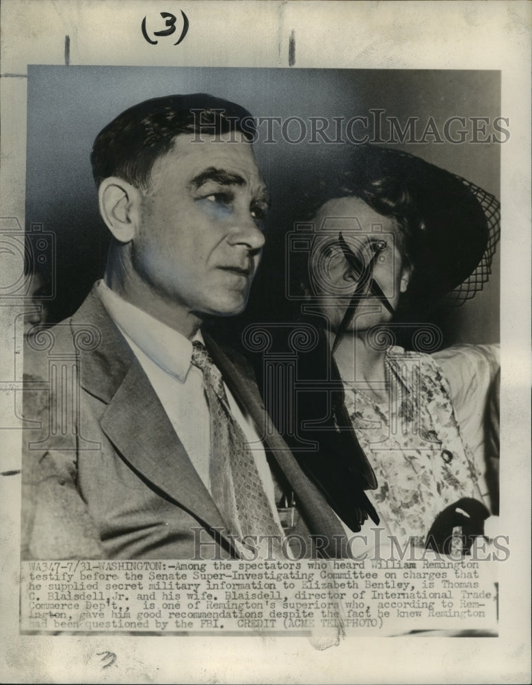 1948 Press Photo Thomas C. Blaisdell Jr. & Wife Hear William Remington Testimony