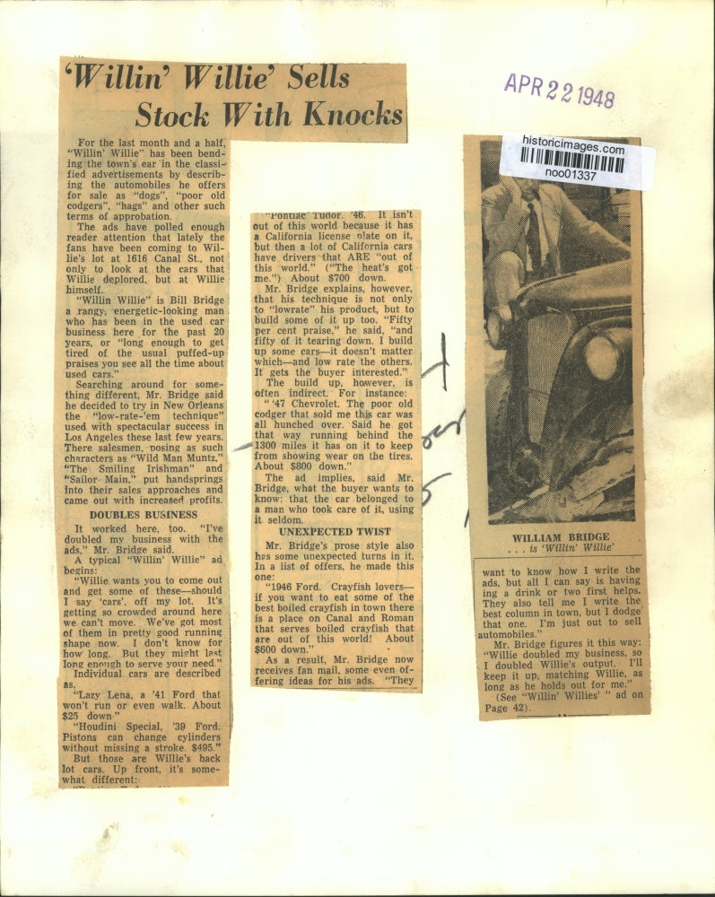 1948 Press Photo William Bridge a rangy, energetic looking man is Willin Willie