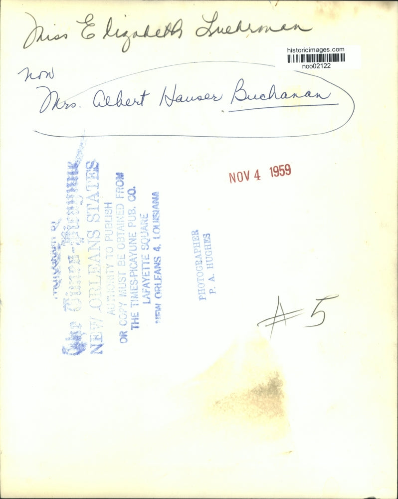 1959 Press Photo Miss Elizabeth Luearman, now Mrs. Albert Hauser Buchanan