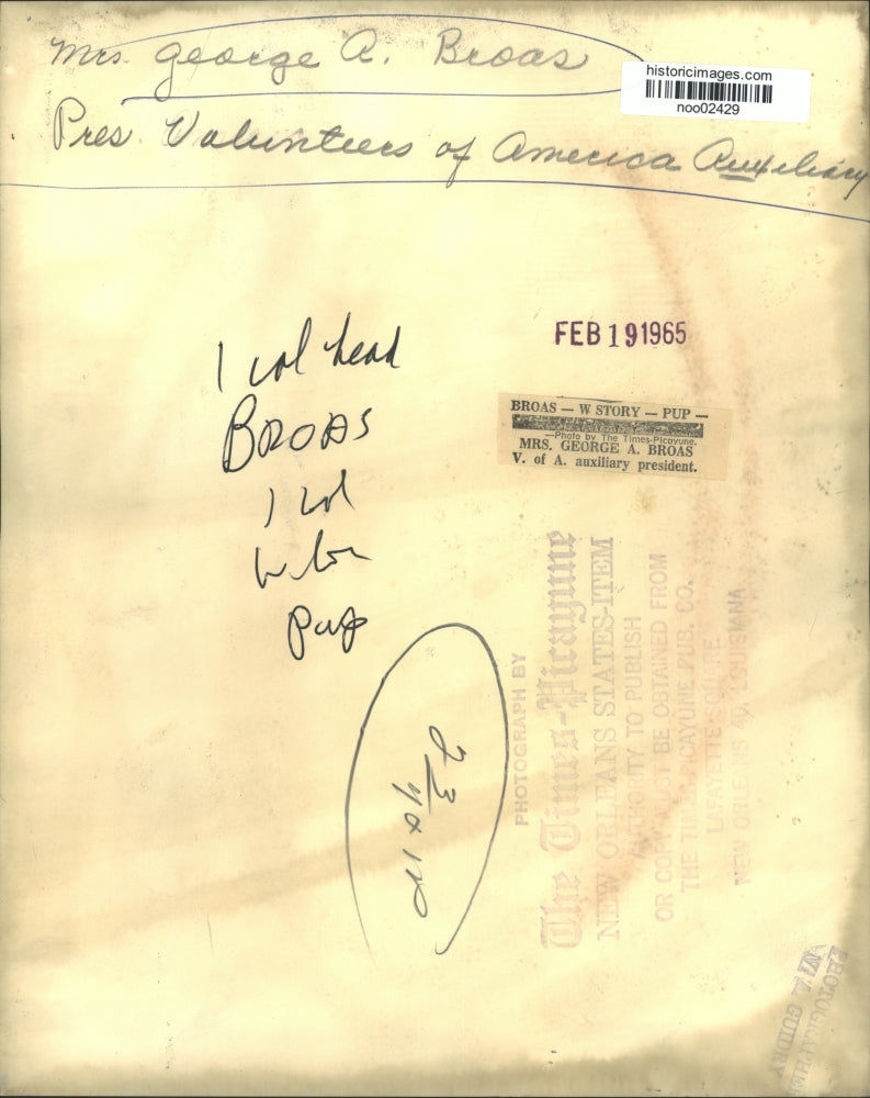 1965 Press Photo Mrs. George A. Broas, president Volunteers of America Auxiliary