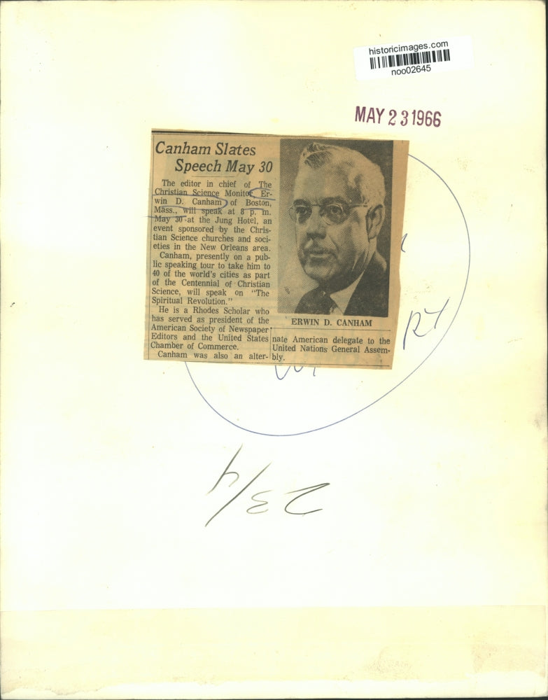 1966 Press Photo Erwin Canham, editor in chief of The Christian Science Monitor