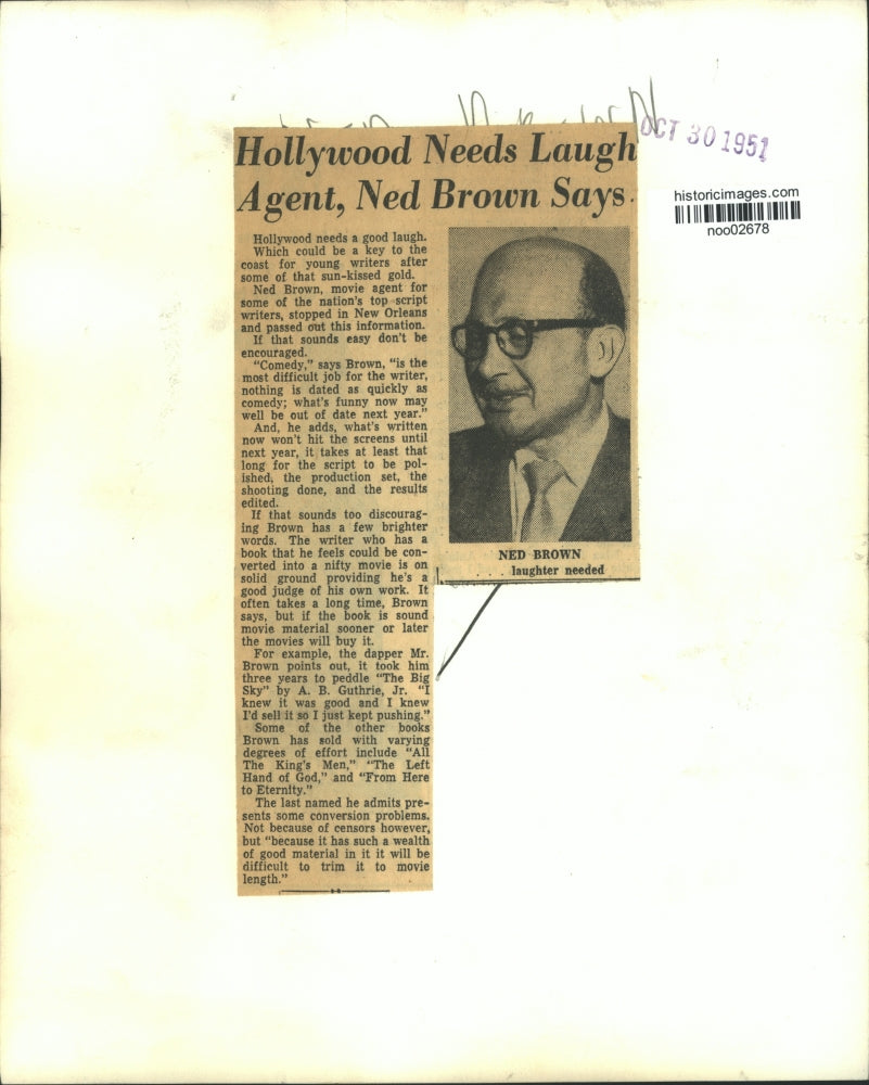 1951 Press Photo Hollywood agent New Brown in New Orleans - noo02678