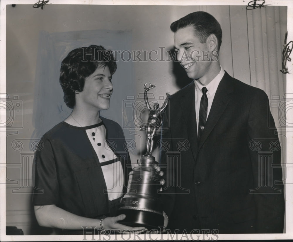  Press Photo Swimmer Dale Caplan receives trophy- Historic Images