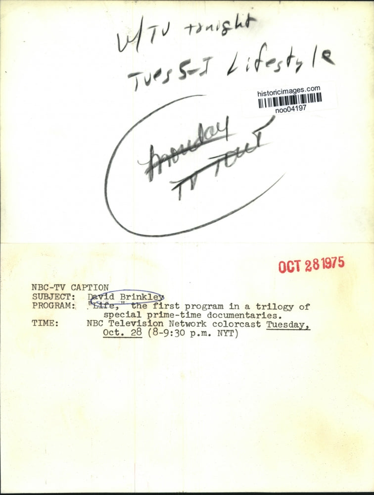 1975 Press Photo David Brinkley narrates a "Life" documentary - noo04197