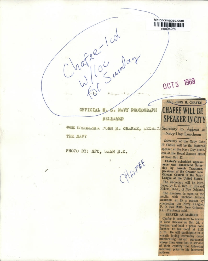 1969 Press Photo Secretary of the Navy John H. Chafee, Navy Day luncheon speaker