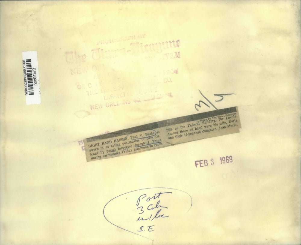 1968 Press Photo Paul V. Burke acting Postmaster of New Orleans, Joseph J. Zarza