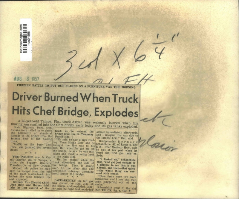 Load image into Gallery viewer, 1957 Press Photo Firemen put out a blaze after a truck crashed into Chef bridge

