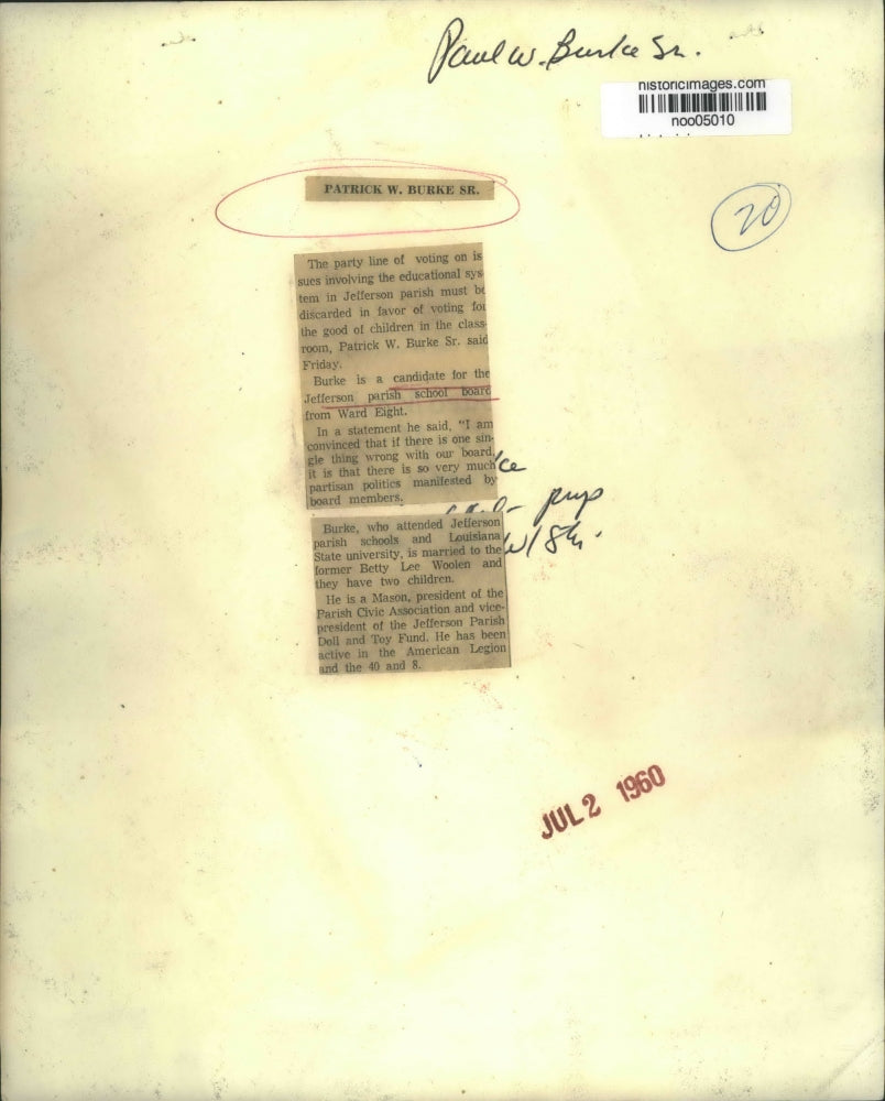 1960 Press Photo Patrick W. Burke Senior, Candidate for School Board, Jefferson