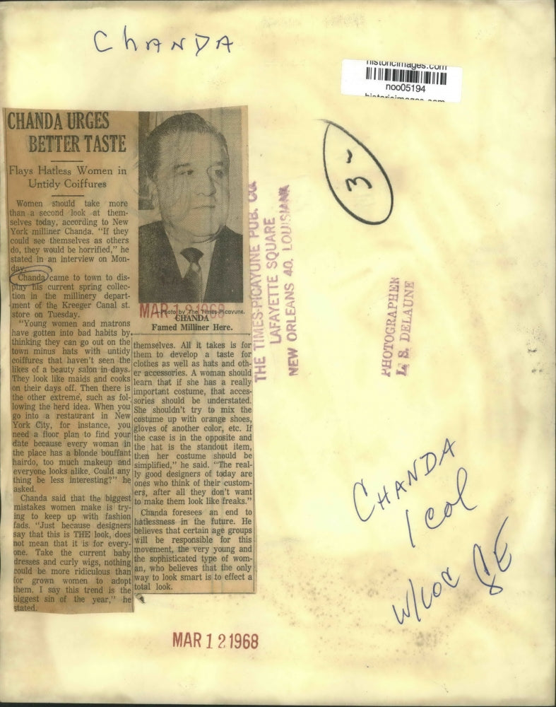 1968 Press Photo Famed New York milliner Chanda displays spring collection