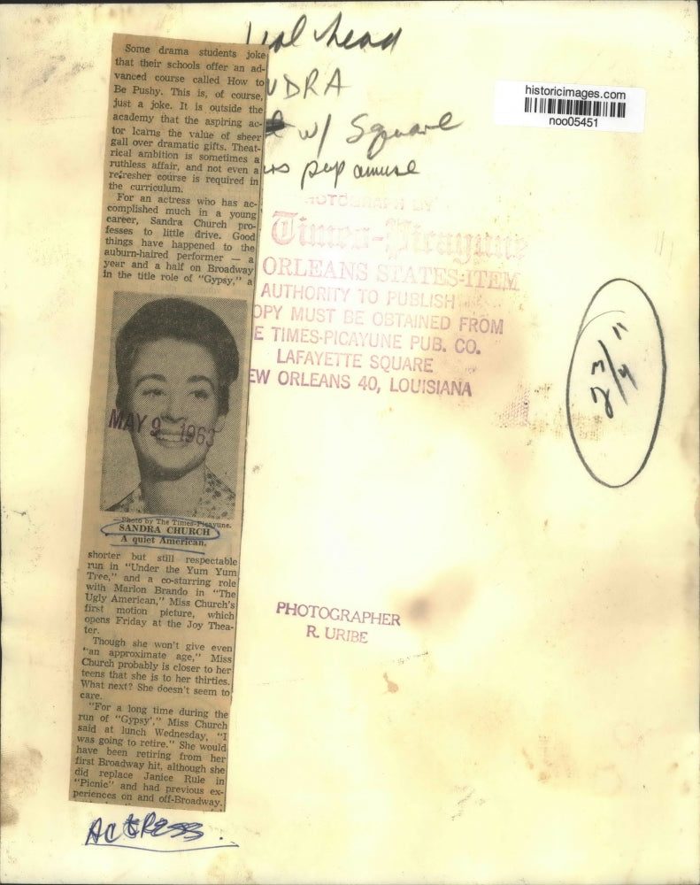 1963 Press Photo American actress Sandra Church - noo05451