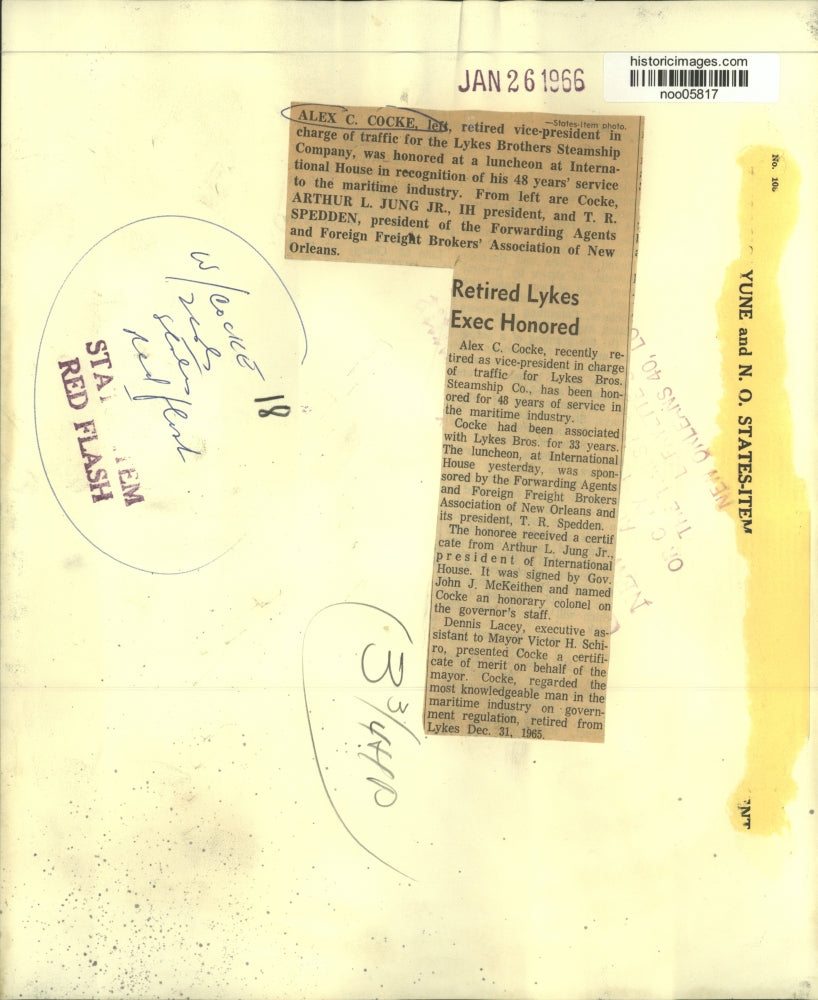 1966 Press Photo Alex C. Cocke honored for service to the Maritime Industry