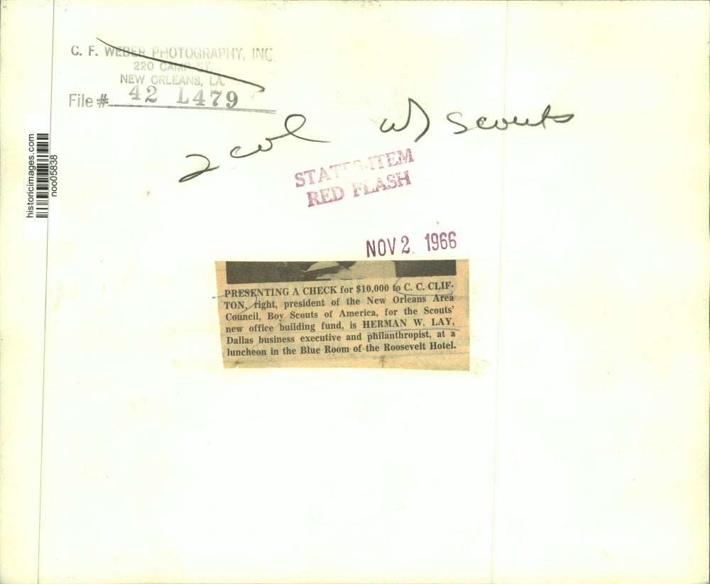 1966 Press Photo Herman Lay presents a check to C.C. Clifton of Boy Scouts