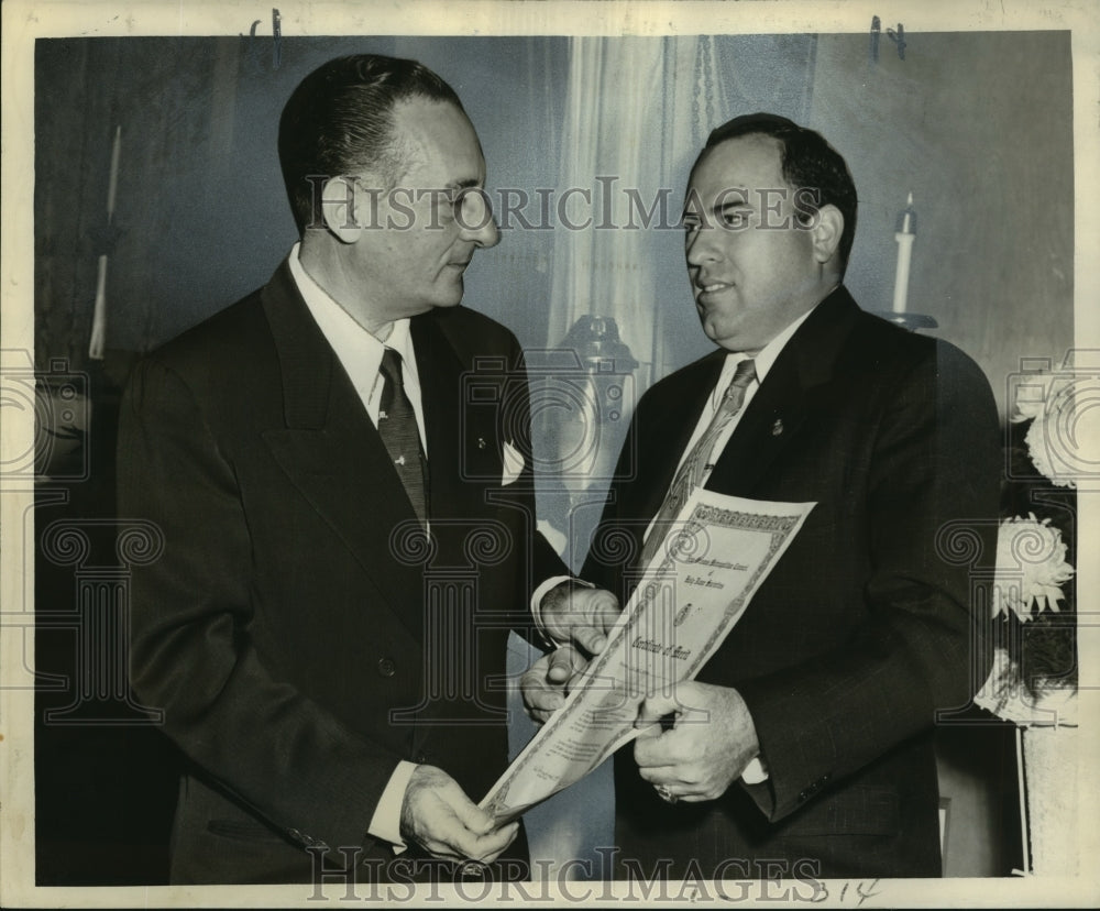 1957 Press Photo Dr. Andrew Mcalluso of Holy Name Societies honors Arthur Dale
