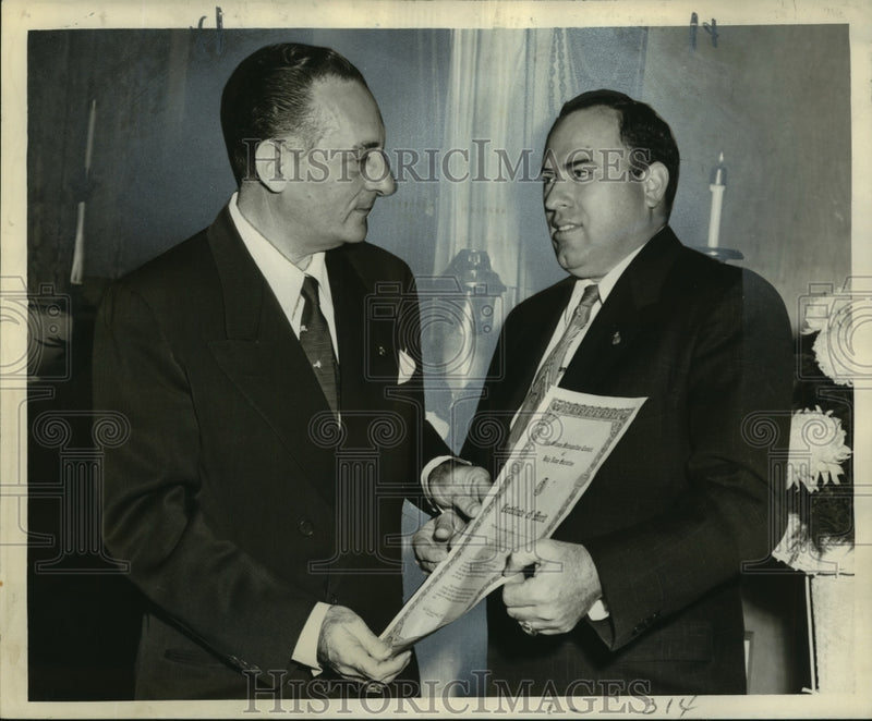 Load image into Gallery viewer, 1957 Press Photo Dr. Andrew Mcalluso of Holy Name Societies honors Arthur Dale
