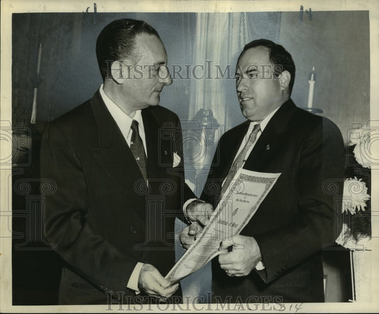 1957 Press Photo Dr. Andrew Mcalluso of Holy Name Societies honors Arthur Dale