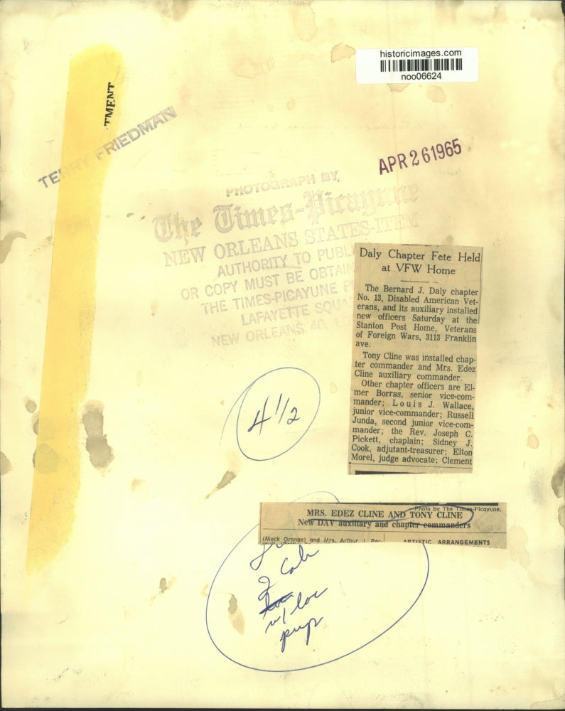 1965 Press Photo Mrs. Edez Cline and Tony Cline, DAV, New Orleans - noo06624