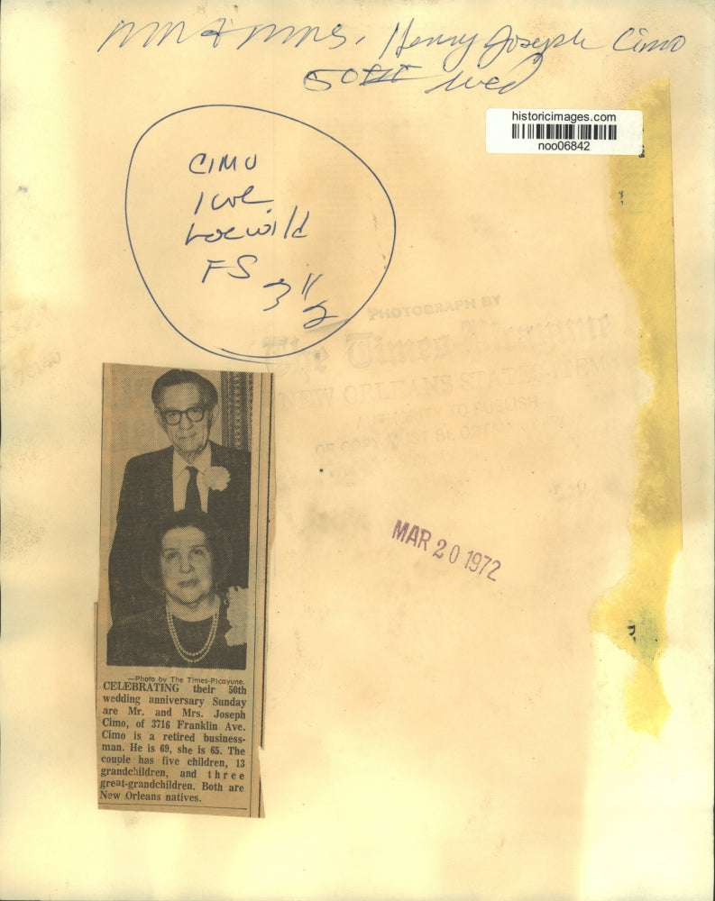 1972 Press Photo Mr. & Mrs. Joseph Cimo celebrate their 50th anniversary