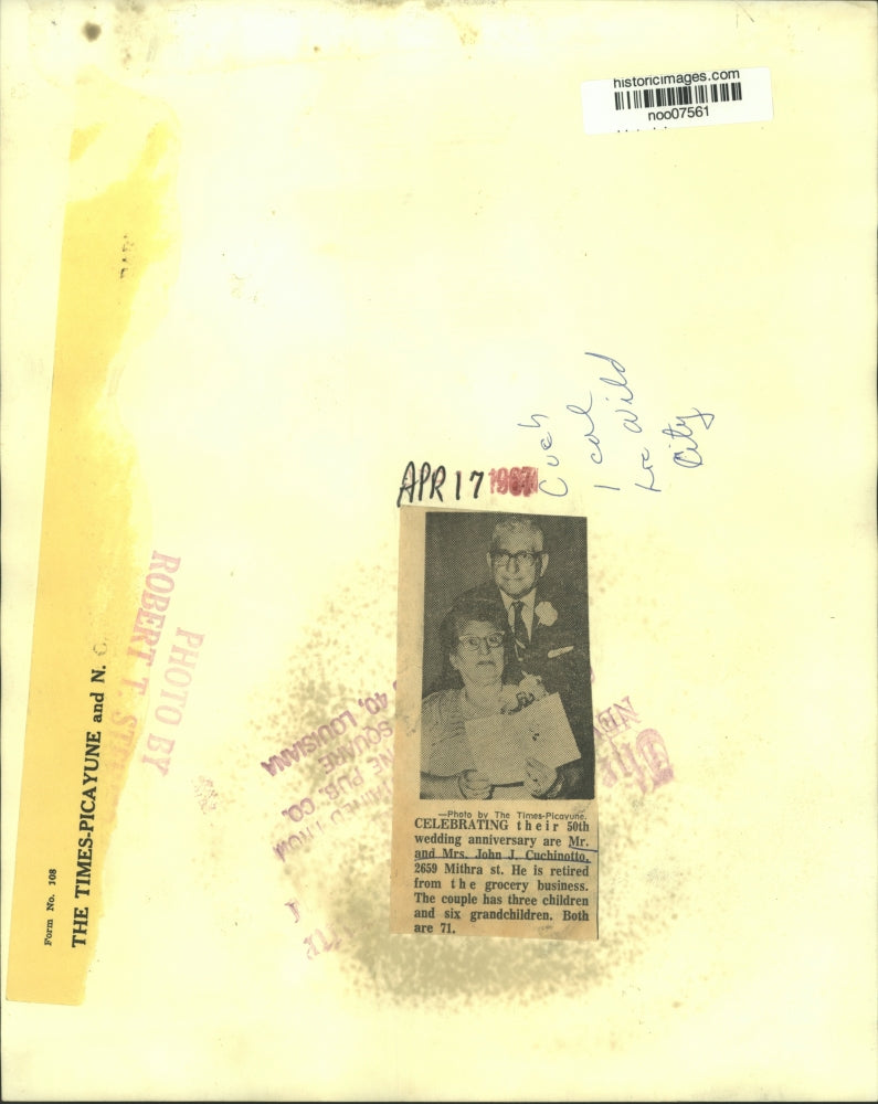 1967 Press Photo Mr. &amp; Mrs. John J. Cuchinotto celebrate their 50th anniversary