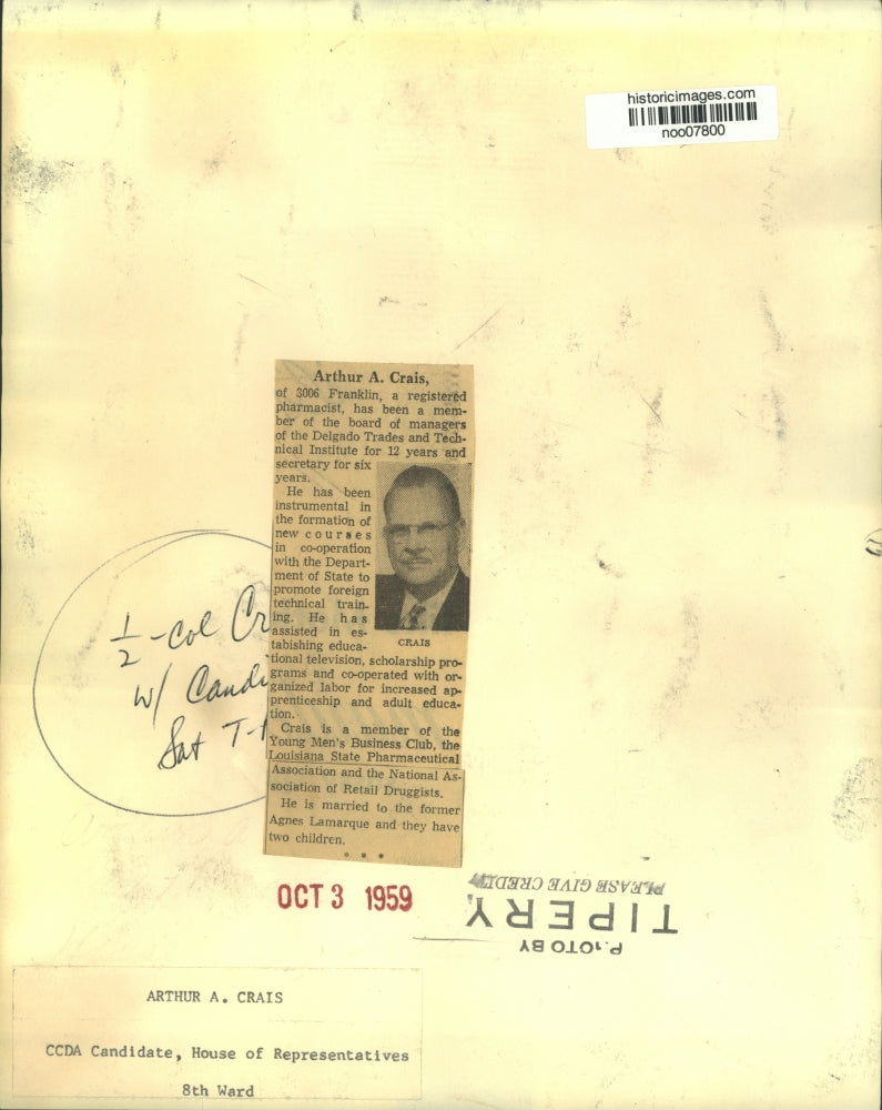 Load image into Gallery viewer, 1959 Press Photo Arthur A. Crais, Eighth Ward House of Representatives Candidate
