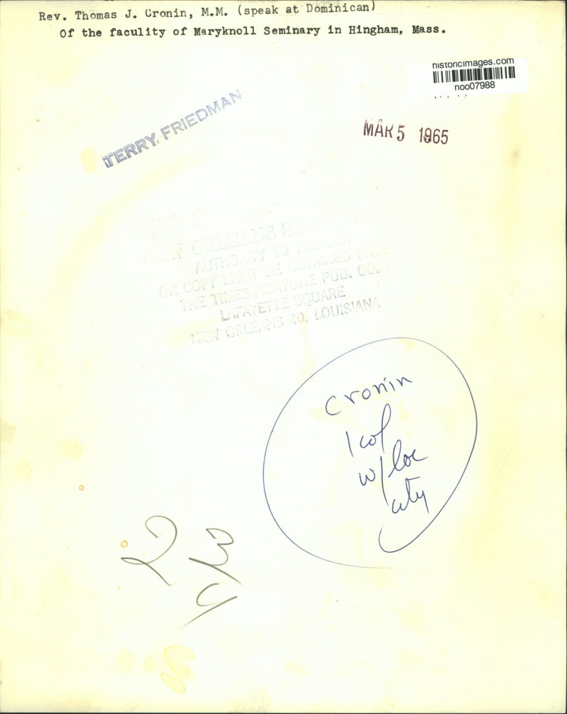 1965 Press Photo Rev. Thomas Cronin, faculty of Maryknoll Seminary in Hingham