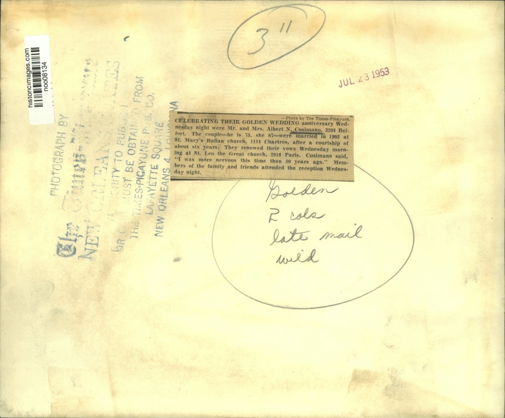 1953 Press Photo Mr. & Mrs. Albert N. Cusimano Celebrate 50th Anniversary