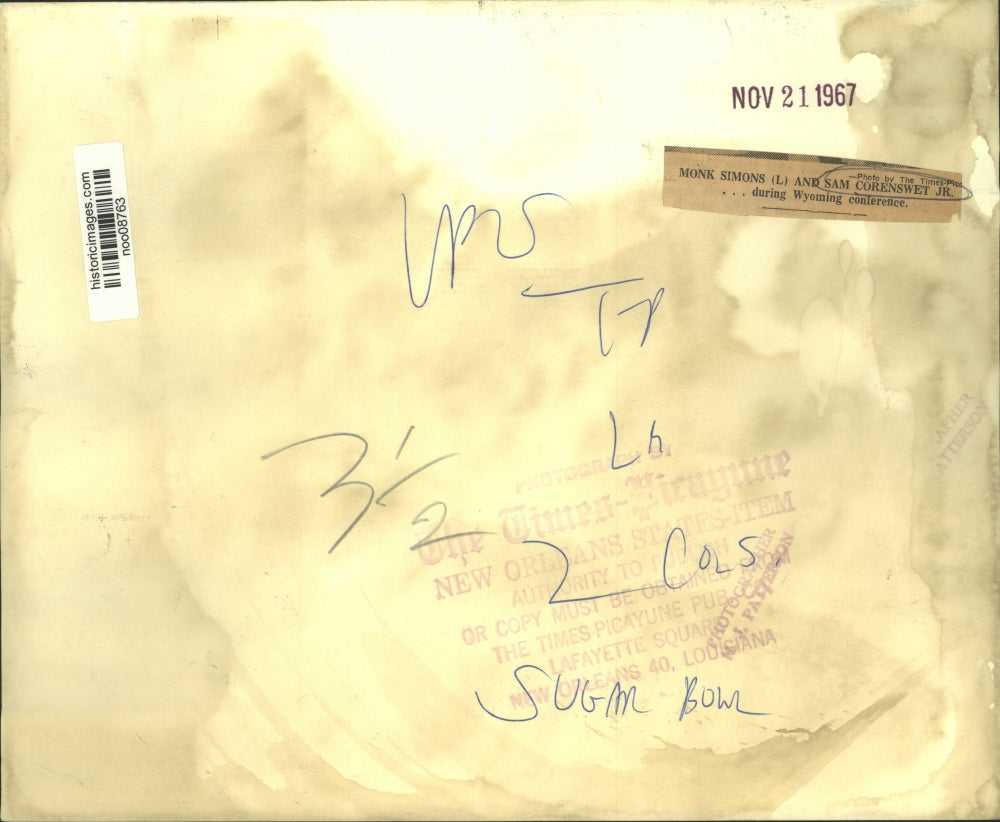 1967 Press Photo Sugar Bowl. Monk Simons and Sam Corenswet Jr., Wyoming Conf.