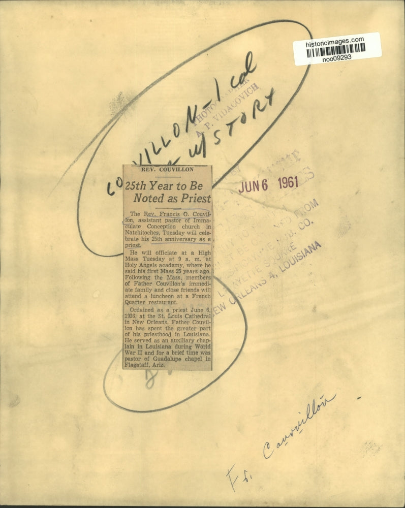 1961 Press Photo Reverend Francis O. Couvillion of Immaculate Conception Church