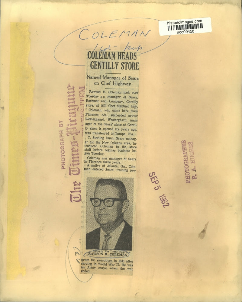 1962 Press Photo Rawson B. Coleman, new manager of Sears Gentilly store.