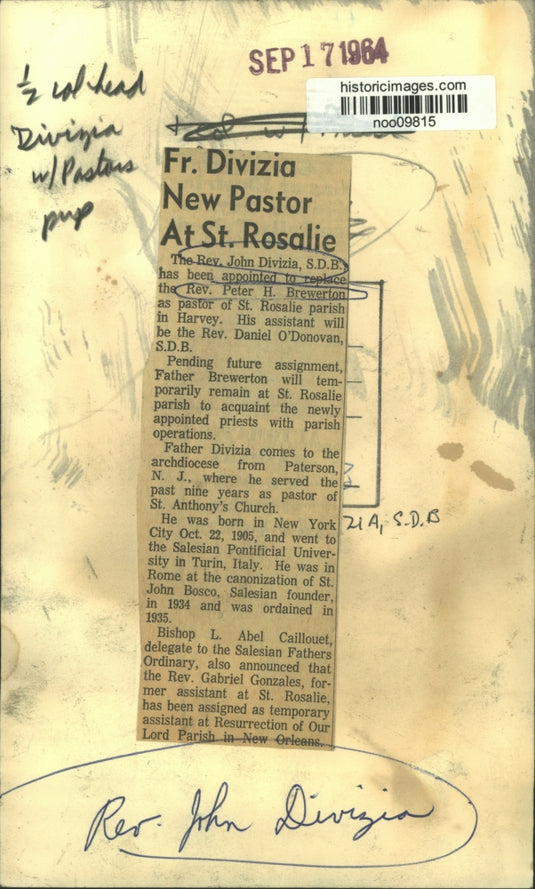 1964 Press Photo The Rev. John Divizia, S.D.B., new St. Rosalie parish pastor