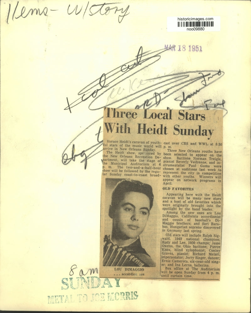 1951 Press Photo Accordion player Lou DiMaggio to be at Municipal Auditorium