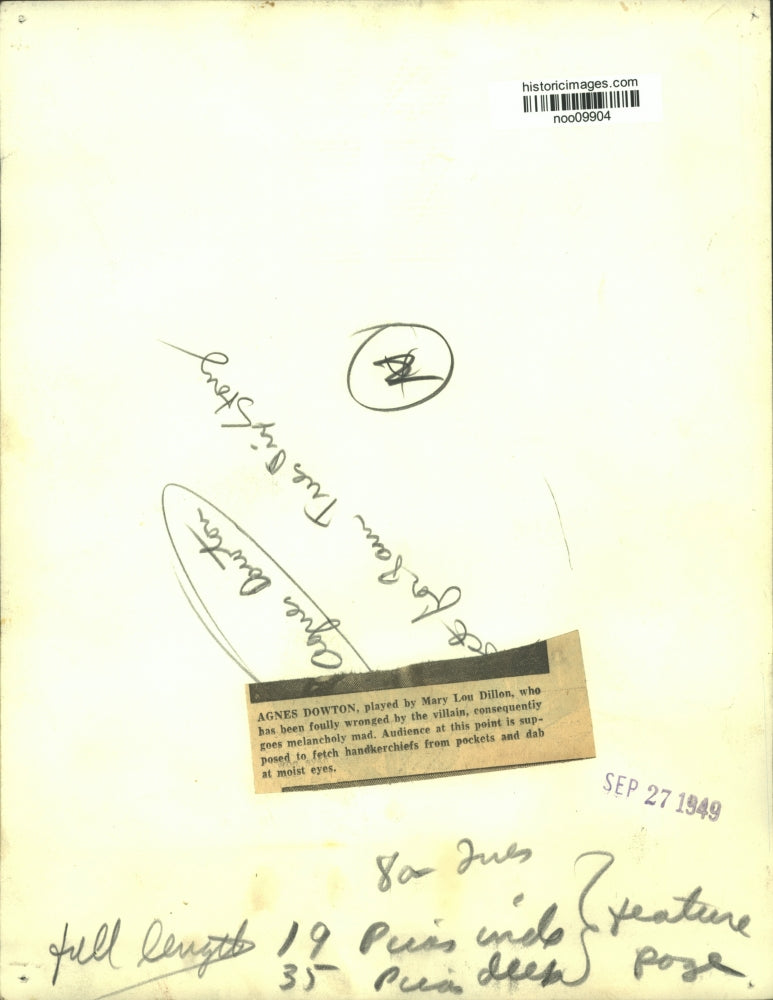 1949 Press Photo Character Agnes Dowton, played by Mary Lou Dillon in melodrama