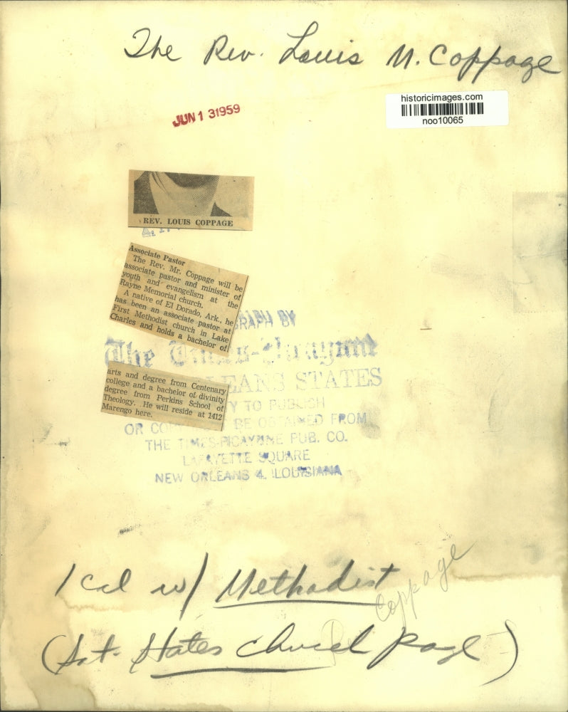 1959 Press Photo Reverend Louis Coppage, associate pastor, Rayne Memorial Church