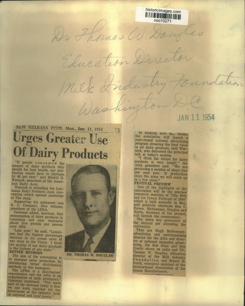 1954 Press Photo Dr. Thomas W. Douglas, director of the Milk Industry Foundation