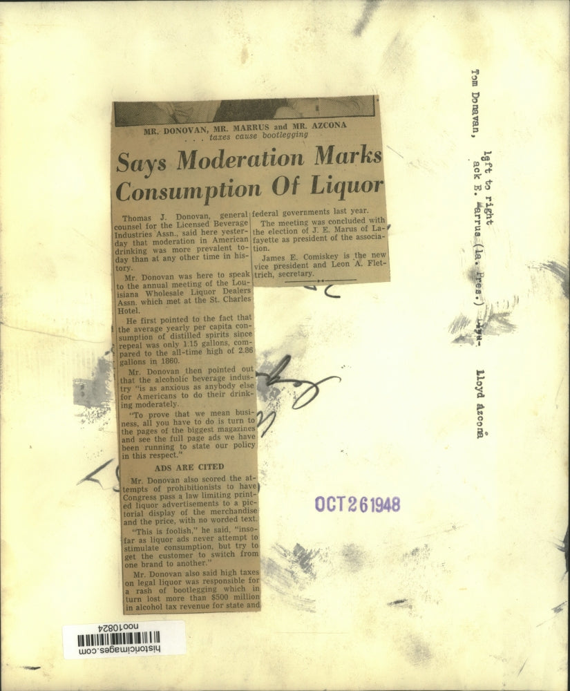 1948 Press Photo Thomas J. Donovan, Licensed Beverage Industries General Counsel