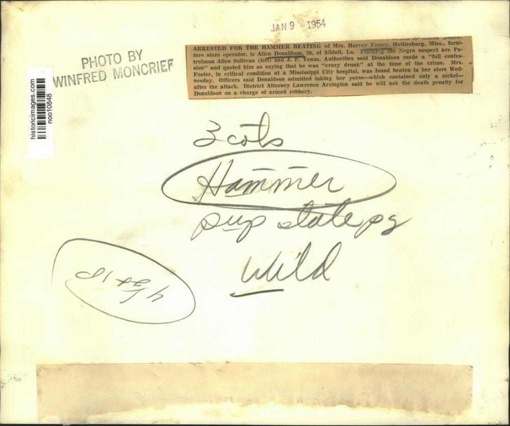 1954 Press Photo Robbery Suspect Allen Donaldson, Hattiesburg, Mississippi