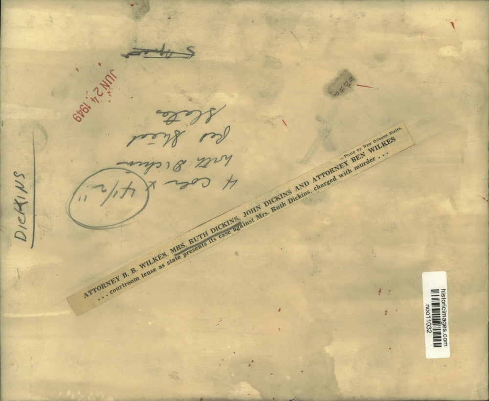 1949 Press Photo Mrs. Ruth Dickins & attorneys during her murder trial