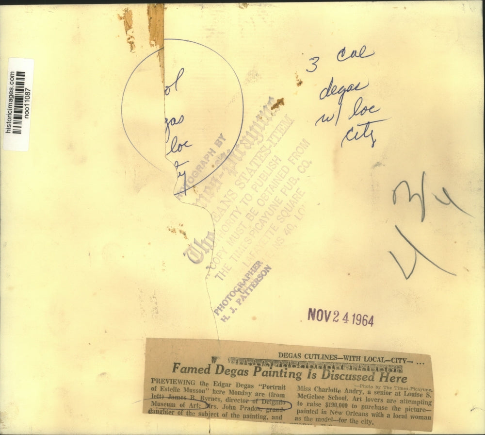 1964 Press Photo Edgar Degas "Portrait of Estelle Musson" painting discussed