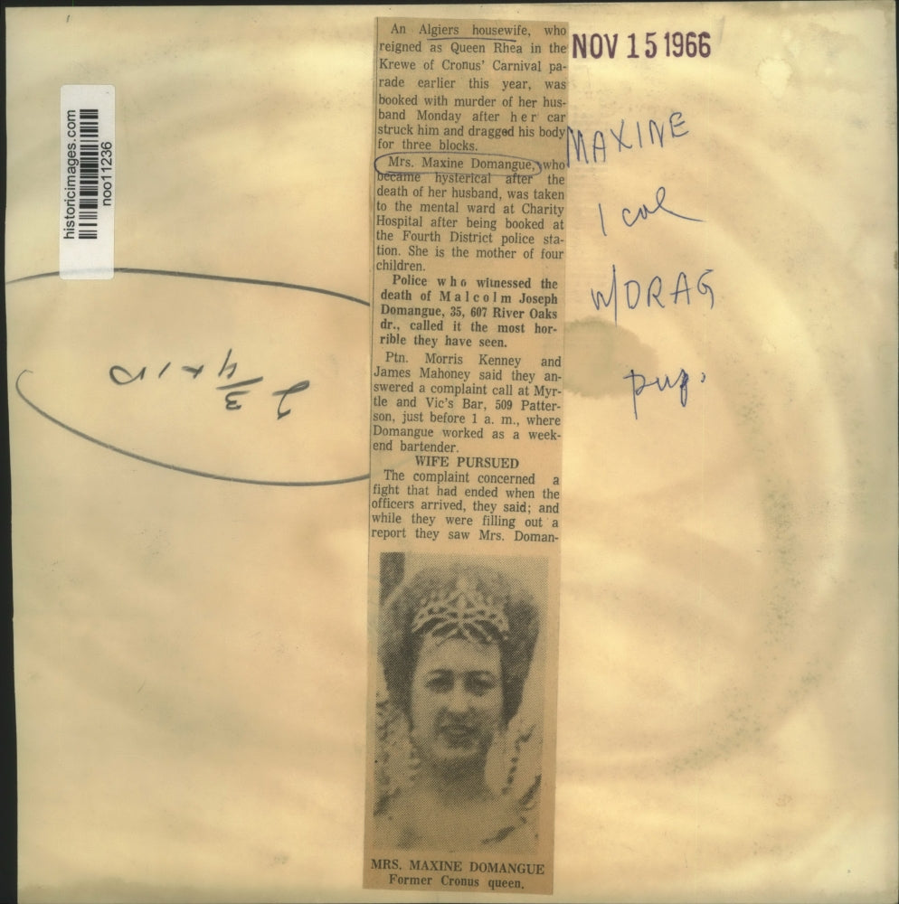 1966 Press Photo Mrs. Maxine Domangue of Algiers, former Krewe of Cronus Queen